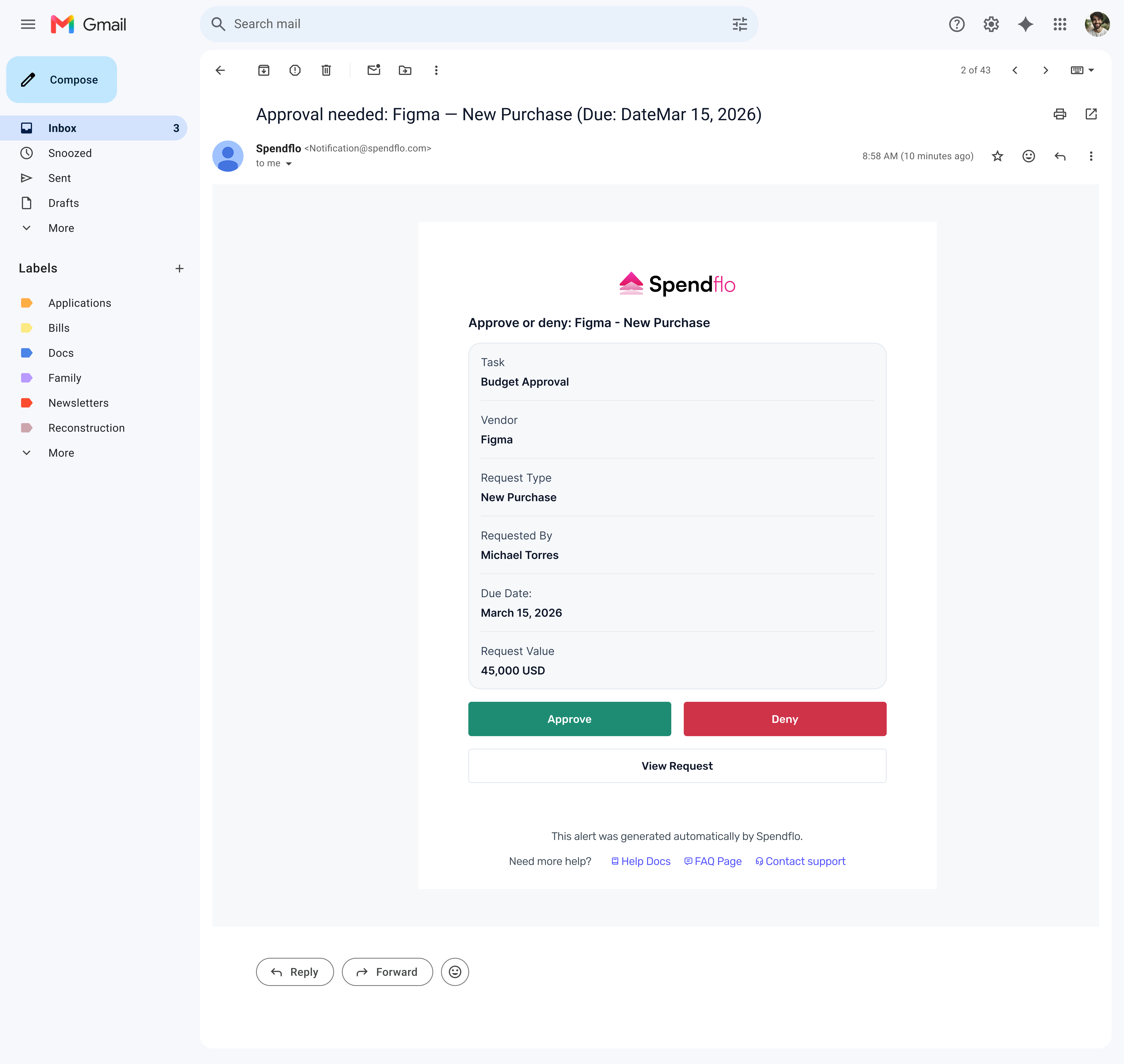 Approval notification email with inline actions